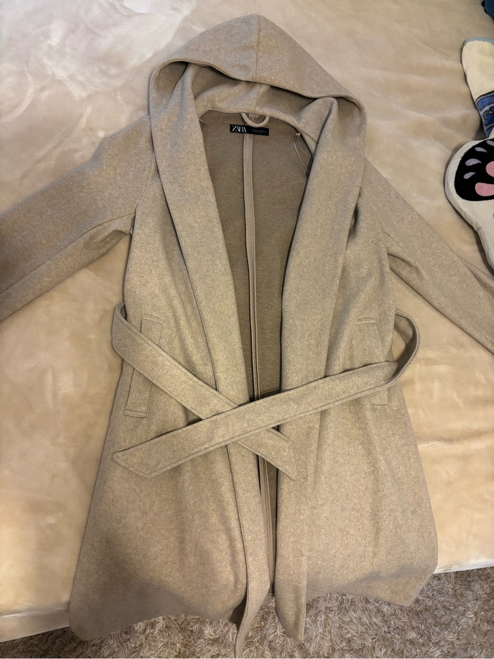 ZARA Hooded Belted Open Front Coat